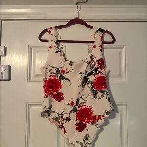 SHEIN Red and White Floral Bodysuit